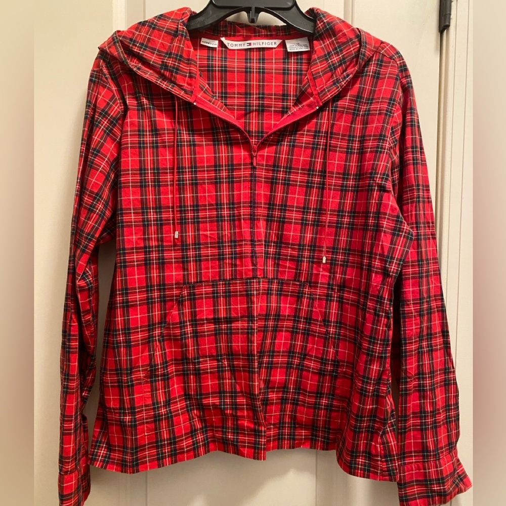 Red tartan plaid anorak style hooded pullover zip front w stretch 12 like new